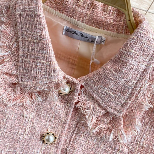 HELLO Vintage Two Piece Set Single Breasted Tassel Top with Mini Skirt